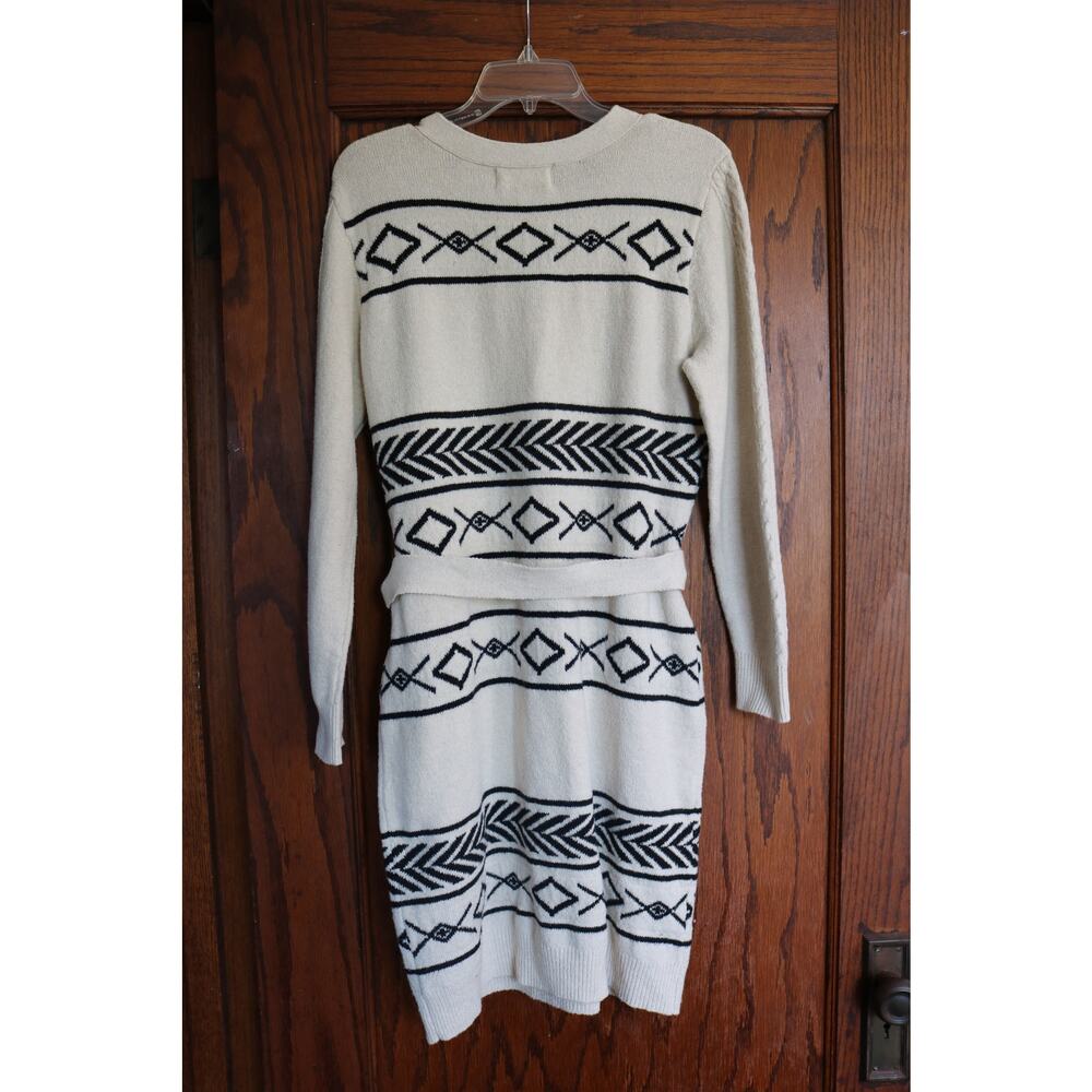 LUCKY BRAND Sweater Dress Large Cream Black White Geometric Diamond Cable Knit - Picture 2 of 13